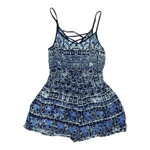 Angie Romper Womens Small Blue White Boho Floral Strappy Rayon Summer Jumpsuit